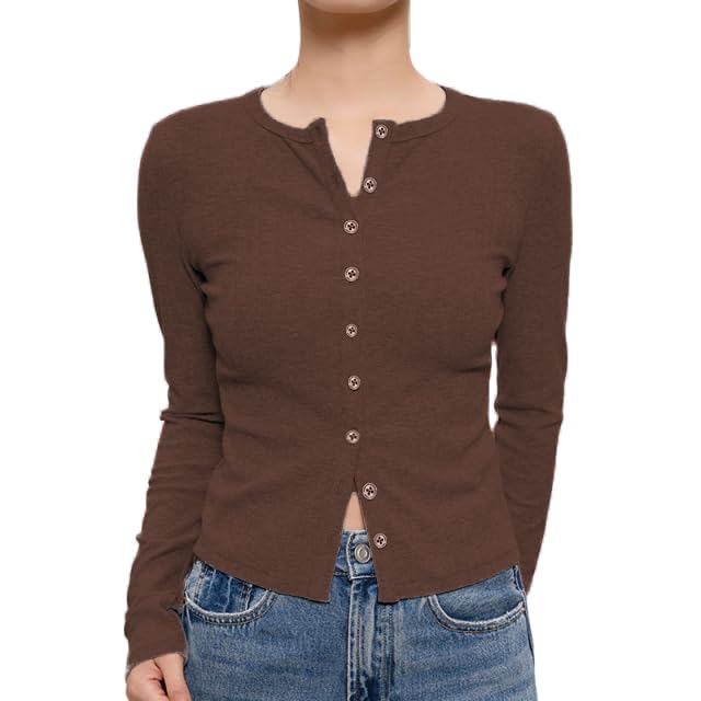 Sdencin Women Stylish Crew Neck Long Sleeve Open Front Button Down Knit Cardigan Fall Slim Fit Button Up Sweater Tops