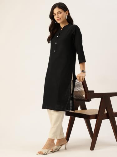 Image of feranoid Women's Plain Cotton Kurta with Mandarin Collar, 3 /4 Sleeves & Pocket