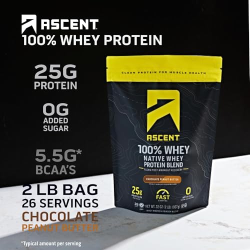 Image of Ascent 100% Whey Protein Powder - Post Workout Whey Protein Isolate, Zero Artificial Flavors & Sweeteners, Gluten Free, 5.5g BCAA, 2.6g Leucine, Essential Amino Acids, Chocolate Peanut Butter 2 lb