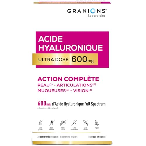 Acide Hyaluronique Ultra dosé 600 mg GRANIONS - Biotine - Hydratation intense peau - Niacinamide - Complexe Vitamine B - Anti-ride - Stimule production collagene - Vegan - Fabriqué en France Acide Hyaluronique Ultra dosé 600 mg GRANIONS - Biotine - Hydratation intense peau - Niacinamide - Complexe Vitamine B - Anti-ride - Stimule production collagene - Vegan - Fabriqué en France