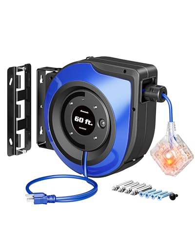 DEWENWILS 60FT Extension Cord Reel with 6 Grounded Outlets, Retractable Cord Reel, Twist-lock Stopper, 12/3C SJTOW, Retractable Extension Cord, 15A Circuit Breaker, Heavy Duty Power Cord, ETL Listed
