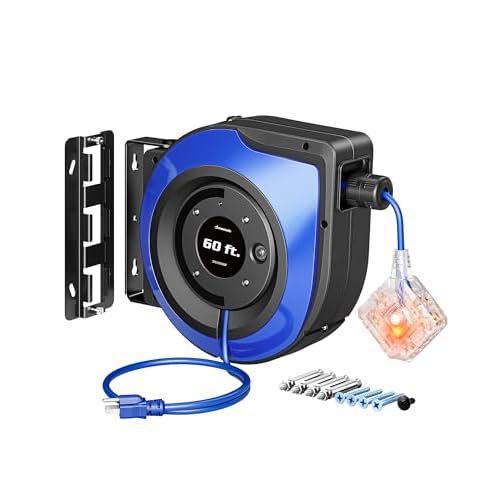 DEWENWILS 60FT Extension Cord Reel with 6 Grounded Outlets, Retractable Cord Reel, Twist-lock Stopper, 12/3C SJTOW, Retractable Extension Cord, 15A Circuit Breaker, Heavy Duty Power Cord, ET