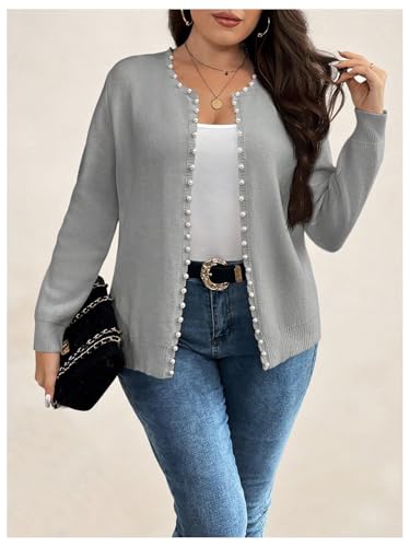 Image of BEAUDRM Women's Plus Size Pearls Beaded Cardigan Open Front Long Sleeve Casual Sweater Top