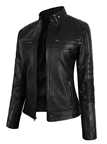 Veste de moto courte en cuir véritable femme Noir D2 S