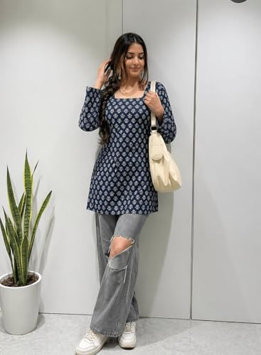 Image of SONISHA Women's Rayon Floral Print Short Kurti for Women Elegance Square Neck, Long Sleeves with Style Criss Cross Back Kurti, Top for Office Wear, Casual, Outdoor
