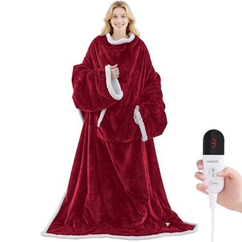 Heated Blanket Wearable Electric Blanket with Foot Pocket and Sleeves, Heating Throw Blanket, Electric Snuggle Blankets, 6 Heating Levels Setting & 4 Hours Auto Shut Off, Machine Washable (Long, Wine)