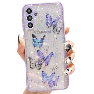 for Samsung Galaxy A15 5G Clear Glitter Butterfly Case, Cute Bling Sparkle Shiny Soft Silicone TPU Bumper Shockproof Women Girls Slim Protective Phone Cover for Samsung Galaxy A15 5G (Purple)