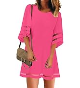 LookbookStore Women Casual Crewneck Mesh Panel 3/4 Bell Sleeve Loose Tunic Dress