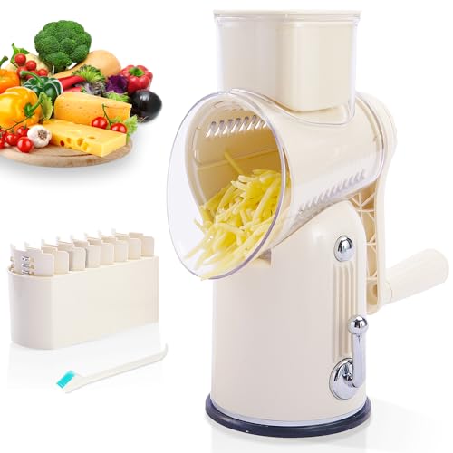 Comparison: Best Cheese Grater Rotary 9 ENERGEVITY Manual Rotary Cheese Grater with Handle, 5 in 1 Replaceable Stainless Blades Cheese Shredder,Strong Suction Base Vegetable Slicer with Cleaning Brush & Bonus Storage Box for Blades (white)