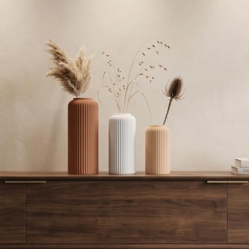 Image of KREATIVE ART'S Ribbed Ceramic Flower Vase Set of 3 -Earthly Tone | Ceramic Vases for Home Decor, Home Decor Items for Living Room, (Terracotta, White & Nude Beige Vases -Set of 3 pcs)