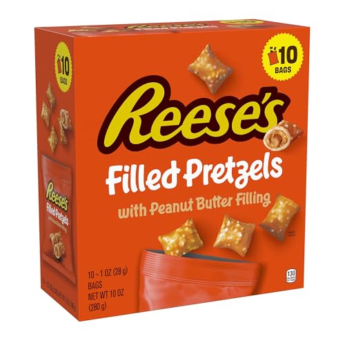 Reese's Filled Pretzels, Peanut Butter Pretzel Nuggets, Crunchy, Ready to Eat, Sweet and Salty Snack, 1 oz Bags (10 Count)