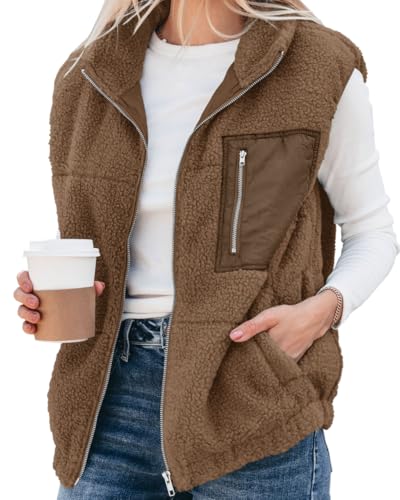 Women's Oversized Sherpa Vest Casual Warm Fleece Fuzzy Jackets Sleeveless Zip Up Cozy Vests Outerwear with Pockets