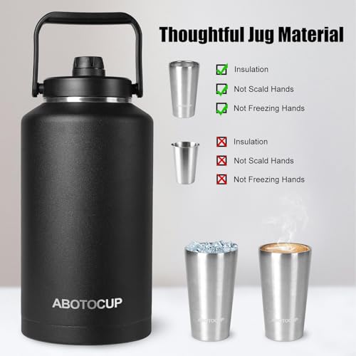 Image of ABOTOCUP 2 Gallon Water Jug with Wide Mouth, 256oz Insulated Water Bottle Keep Cold24h&Hot12h, Comes with Ergonomic Handle, Two Double Walled 16oz 18 /8 Stainless Steel Cups Thermo Canteen Mug