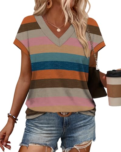 Tops for Women Trendy Summer Vneck Tshirts Shits Women Beach Vacation Clothes Plus Size Fashion Clothing Cap Sleeve Tops Colorful Stripes M