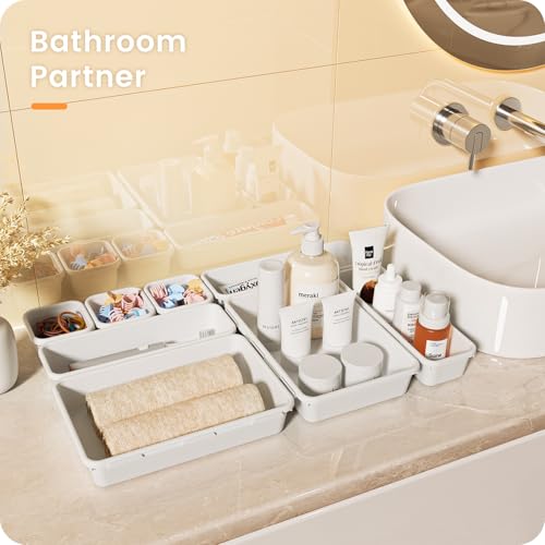 Image of 【Military Grade】A-LuGei Drawer Organizer,【𝟱𝗦𝗶𝘇𝗲】Makeup organizer,【Holds 177 Items】Bathroom Organizers and Storage,Organization and Storage,Desk Drawer Organizer for Vanity【Ivory White】