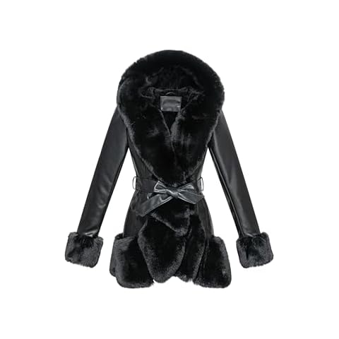 GRAN ORIENTE Women's Faux Leather Coat with Faux Fur Collar,Winter Warm Belted Mid Length Trim Jacket Fur Lined with Hood (002 Black M) Cover
