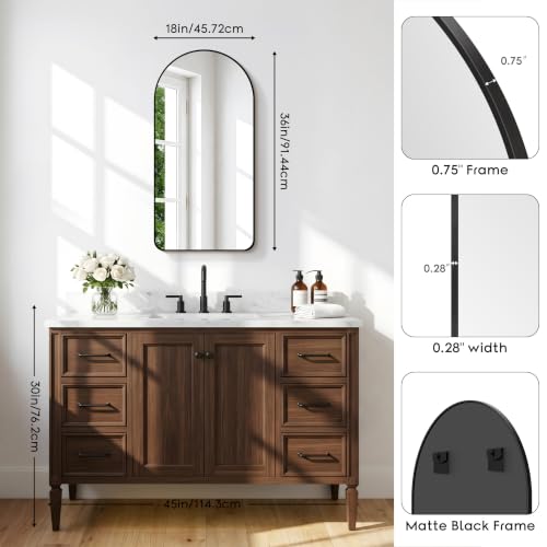 Image of BONEWEI Arched Wall Mirror,18x36 inch Black Arched Mirror Bathroom,Vanity Mirror for Over Sink Metal Frame,Tempered Glass Arch Mirrors for Bedroom,Entryway,Living Room,Home Decor Shatter-Proof