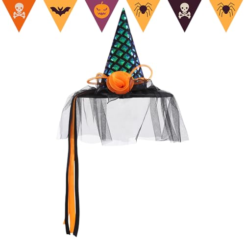 Halloween Hexenhut | Klassischer Hexenhut für Erwachsene & Kinder | Samtiger Partyhut mit Pailletten und Gaze ca. 39x100cm | Perfektes Kostümzubehör, Partys & Deko