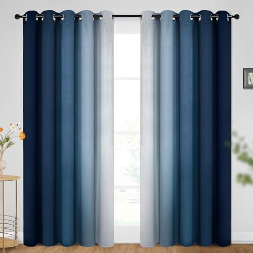 Image of SimpleHome Ombre Blue to Grey White Curtains for Living Room 62Wx96L | Room Darkening Curtains for Bedroom,Gradient Light Blocking Curtain,Thermal Insulated Grommet Window Drapes,2 Panels,96 Inch