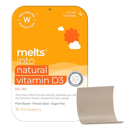 Wellbeing Nutrition Melts Natural Vitamin D3 600IU + K2 as MK7 with Resveratrol, Vitamin A | For Calcium Absorption Immunity, Heart, Bone, Cellular Protection, 30 Oral Strips