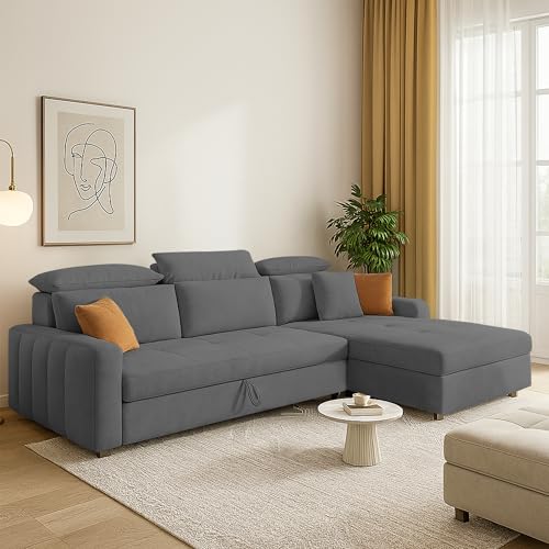 Image of Casaliving Gagnon RHS 4 Seater L Shape Corner Sofa Cum Bed for Living Room (Dark Grey Fabric) Premium Fabric Sofa Cum Bed