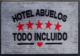 PASO - Felpudos Entrada a casa Originales y Divertidos - Alfombra Friki para Interior y Exterior – Fibra 100% Poliamida y Base Antideslizante - Frases ingeniosas: Hotel Abuelos (Gris, 40x60)