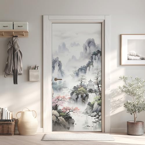 Chinoise Stickers de Porte Papier Peint PVC Imperméable, Pavillon Cascade Sticker Porte 3D Trompe L'Oeil 63x205 cm, Peinture à L'encre Stickers de Porte...