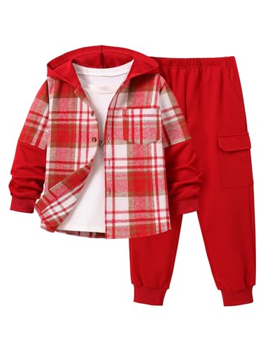 EDFTM Little Boy 2 Piece Outfits Plaid Flannel Long Sleeve Hoodies Button Down Shirt and Casual Sweatpants Sets Red 4-5 Years