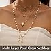 Gold Cross Layered Necklaces for Women,Pearl Cross Drop Necklace,Gold cross Pendant Pearl Necklace Stack,Fashion Long Tassel Chest Chain Layered Y2K Pearls Necklaces Accessories for Women