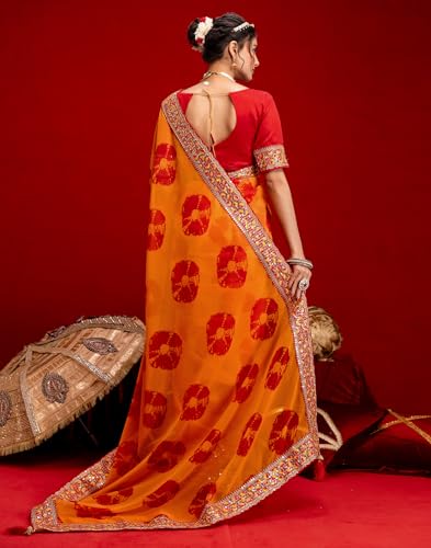 Image of SIRIL Women's Georgette Bandhani Printed Embroidery Lace Saree With Unstitched Blouse Piece