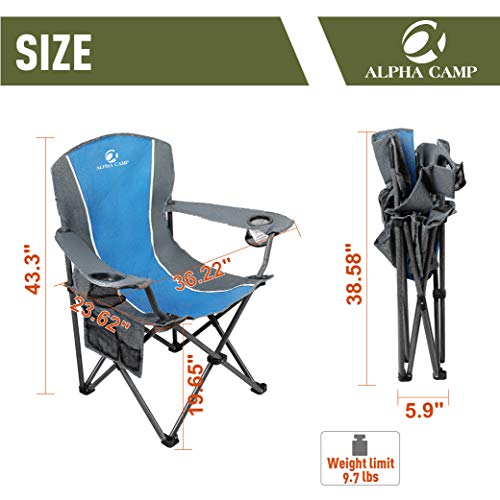 Alpha Camp Oversized Camping Folding Chair Heavy Duty Steel Frame Support 350 Lbs Collapsible Arm Chair With Cup Holder Quad Lumbar Back Chair Portable For Outdoor/Indoor #TOP1