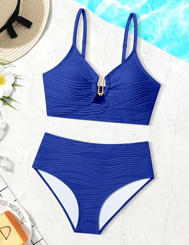 Image of BAVADER Girls Swimsuit High Waisted Girls Bathing Suit V Neck Cutout Two Piece Swimwear Ruched Solid Padded Bikini Sets 9-16Y