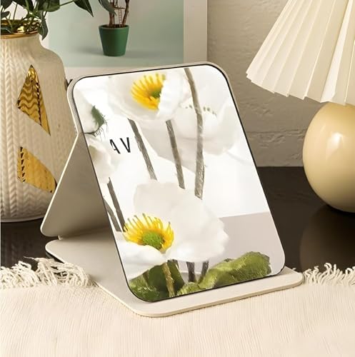Image of Folding Portable Makeup Mirror with Adjustable Stand | HD Frameless Beveled Design | Travel-Friendly PU Leather Vanity Mirror for Desk, Dresser & Bathroom,Rectangular (White Round Edge Mirror)