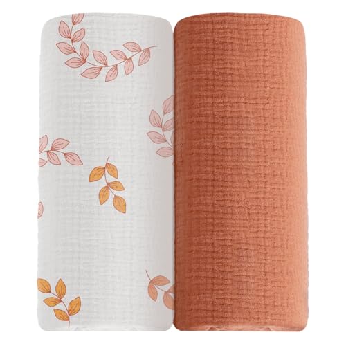 Image of meowcards Muslin Swaddle Blankets for Baby, Unisex Baby Boys Girls Essentials, Large 47 x 47 inches, Boho Receiving Blankets Newborn Registry Must Haves (Brick Leaf, Printed)