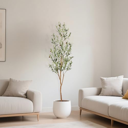 Image of Bellacat Faux Olive Tree 5ft,Olive Trees Artificial Indoor with Natural Wood Trunk and Realistic Leaves and Fruits. 5 Feet(60in) Fake Olive Tree for Home House Office Decor.