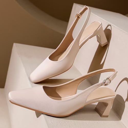 Hee grand Womens Slingback Closed Square Toe Chunky Heels Comfort Office Lady Pumps Elegant Satin Dress Shoes Sandals2