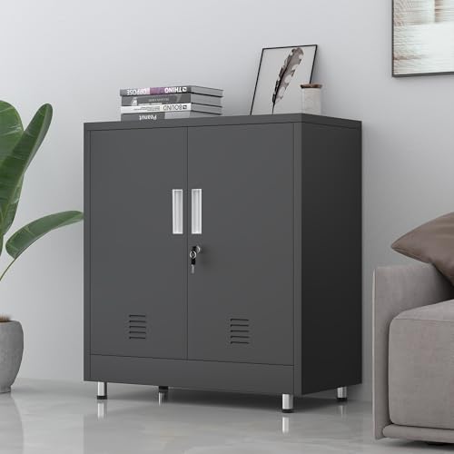 JINGUR Aktenschrank Büroschrank Lagerschrank Metallschrank Stahlschrank, Abschließbar Mehrzweckschrank Kleiner Schrank Buffetschrank Flurschrank (Schwarz)