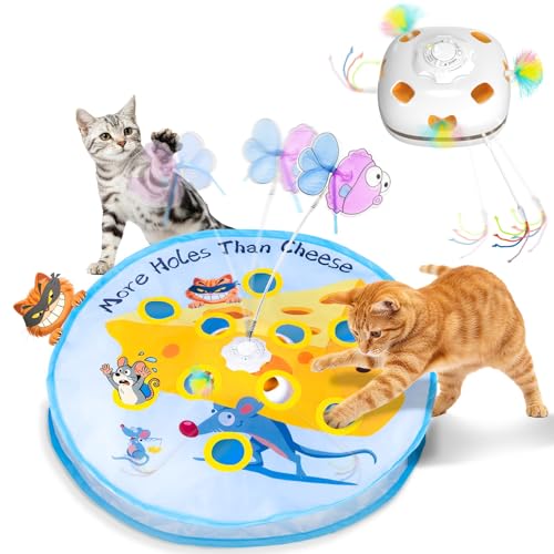 GoldenSun Katzenspielzeug, 5-in-1 Interaktives Katzenspielzeug für Wohnungskatzen, Automatisches Klopfspiel, Fliegender Fisch, Katzenangel und Bewegliche Feder