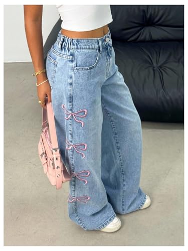 WDIRARA Girl's Bow Embroidery Baggy Jeans Mid Waist Straight Leg Y2k Denim Pants4