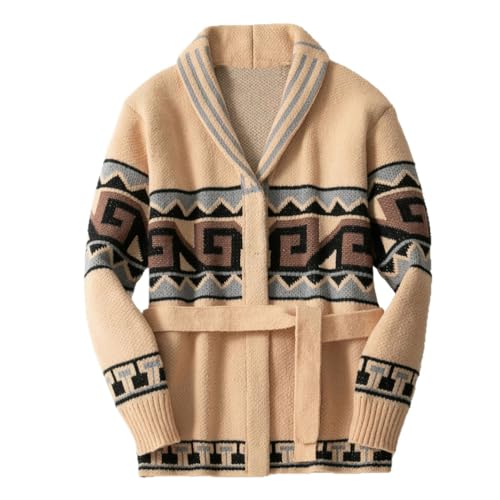 Men's Jacquard Cardigan Shawl Collar Long Sleeve Belted Vintage Casual Knit Cardigan Sweater