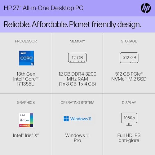 Image of HP 27-inch All-in-One Desktop PC - FHD Display, 13th Generation Intel Core i7-1355U, Intel Iris Xe Graphics, Windows 11 Pro & Microsoft Office Lifetime License (64 GB RAM, 1 TB SSD)