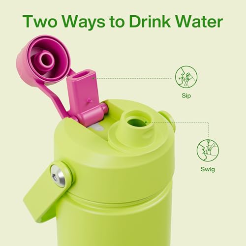 Image of ENCOOL Insulated Water Bottle with Straw Stainless Steel Water Bottle, Leak-Proof, BPA-Free, Double Wall Vacuum Keeps Cold for 24 Hours for Sports, Travel, School (26 oz, Acid Green)