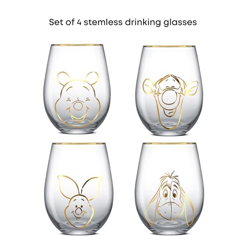 Image of JoyJolt Disney Winnie the Pooh Gold Sketch Stemless Drinking Glasses Set of 4, 19oz Glass Cups ft Pooh Bear Tigger Piglet Eeyore, Disney Kitchen Glassware Set, Winnie the Pooh Adult Gifts