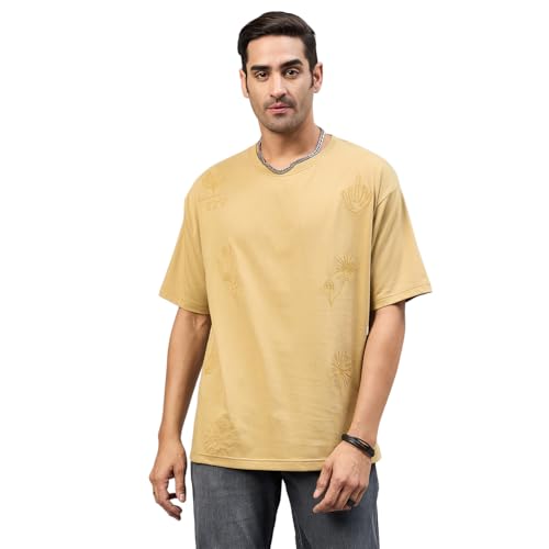 Image of Club York Men Beige Half Sleeve Embroidery Round Neck T-Shirt