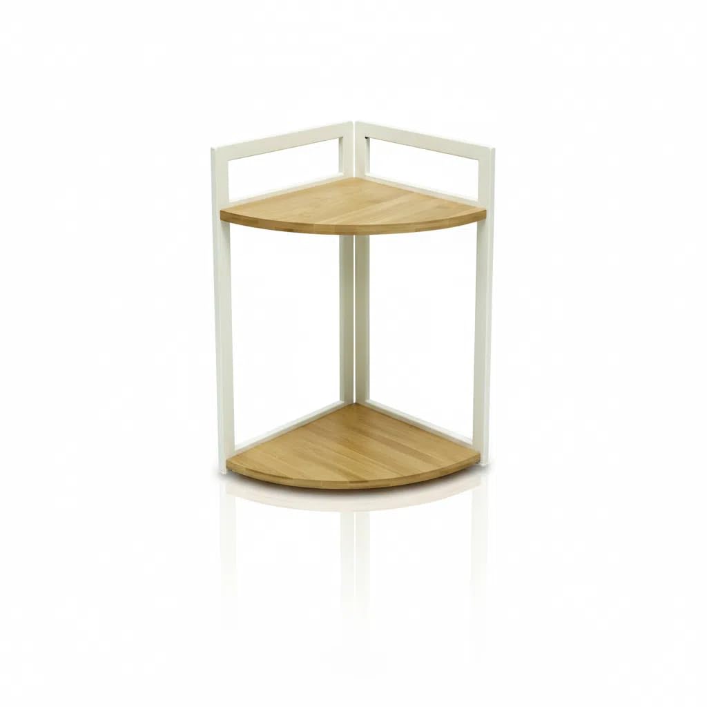 XZ-22122 Estante de Esquina de 2 Niveles con Marco de Metal Blanco y Baldas de Madera, Repisa Curva para Cocina, Estudio, Baño y Salón, Solución de Almacenaje para Rincones