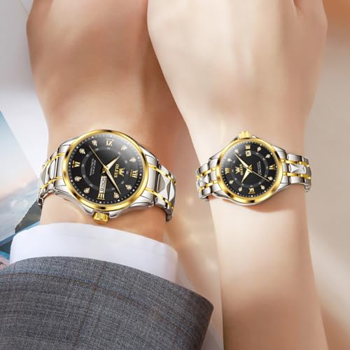 Image of OLEVS Couple Watch Set - His & Her Matching Watches with Luxury Diamond Accents - Romantic Valentine's Day Stainless Steel Original Quartz Men's and Women's Watch Lovers Set