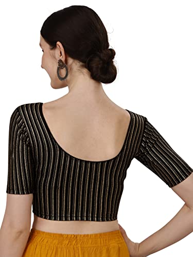 SFT Women's Coton Lycra Blend Readymade Saree Blouse with Round Neck Half Sleeves Regular Fit Knit Weave Striped Pattern and Short Length