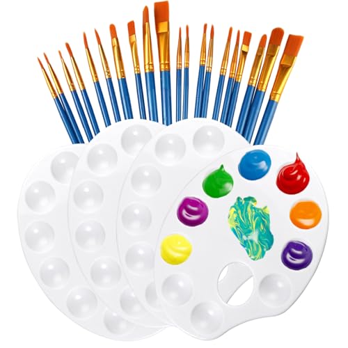 4 Piezas Paleta de Mezcla con Agarre de Pulgar y 20 Pinceles, Paleta de Pintura de 10 Agujeros para Pintura Arte, Aceite, Gouache, Acuarelas, Pintores, Estudiantes, Blanco