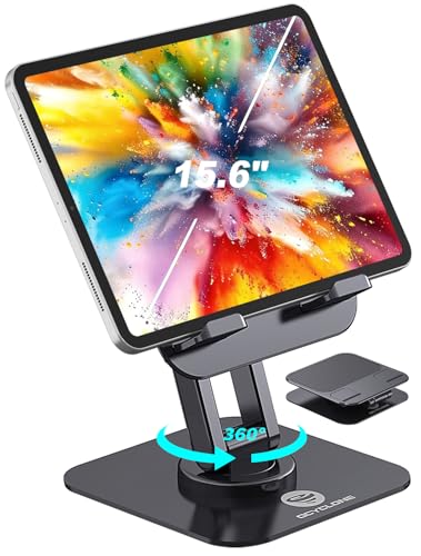 OCYCLONE iPad Stand, 360° Rotating Adjustable Foldable iPad Tablet Holder for Desk Compatible with Kindle Tablet iPad 4' - 15.6' Portable Monitor Stand, Black