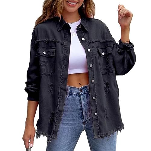 QIUNI Bordes Chaqueta de mezclilla Bolsillo rasgado Solapa Manga larga Manga única Vaqueros vintage Chaqueta Abrigo Mujer Abrigo de primavera